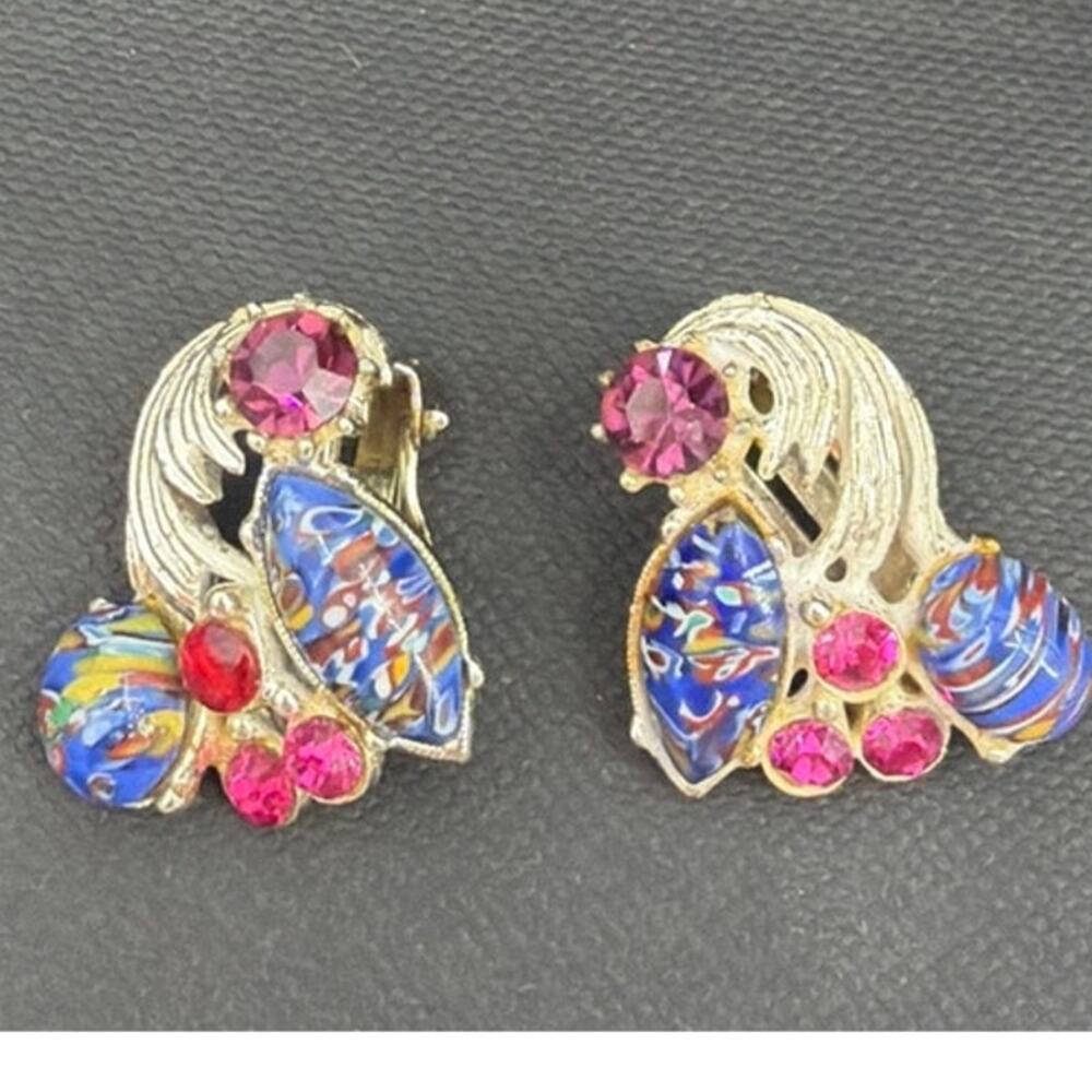 Vtg 50s Florenza Clip On Cabachon Earrings Victorian Signed Rhinestones Artsy